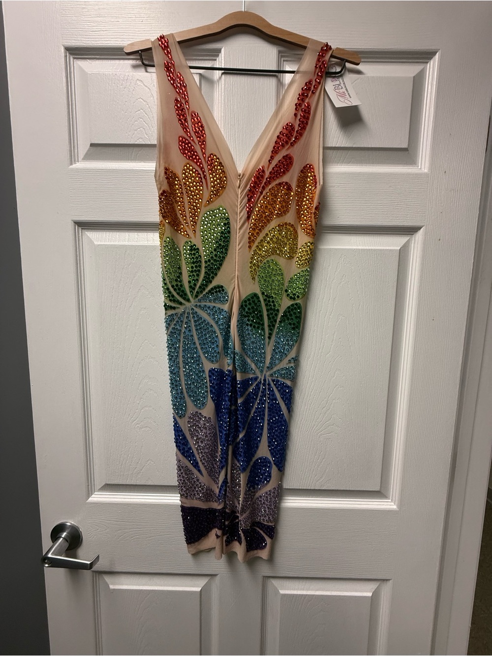 Rainbow Crystal Embellished Nude Illusion Mini Dress - Picture 5 of 6